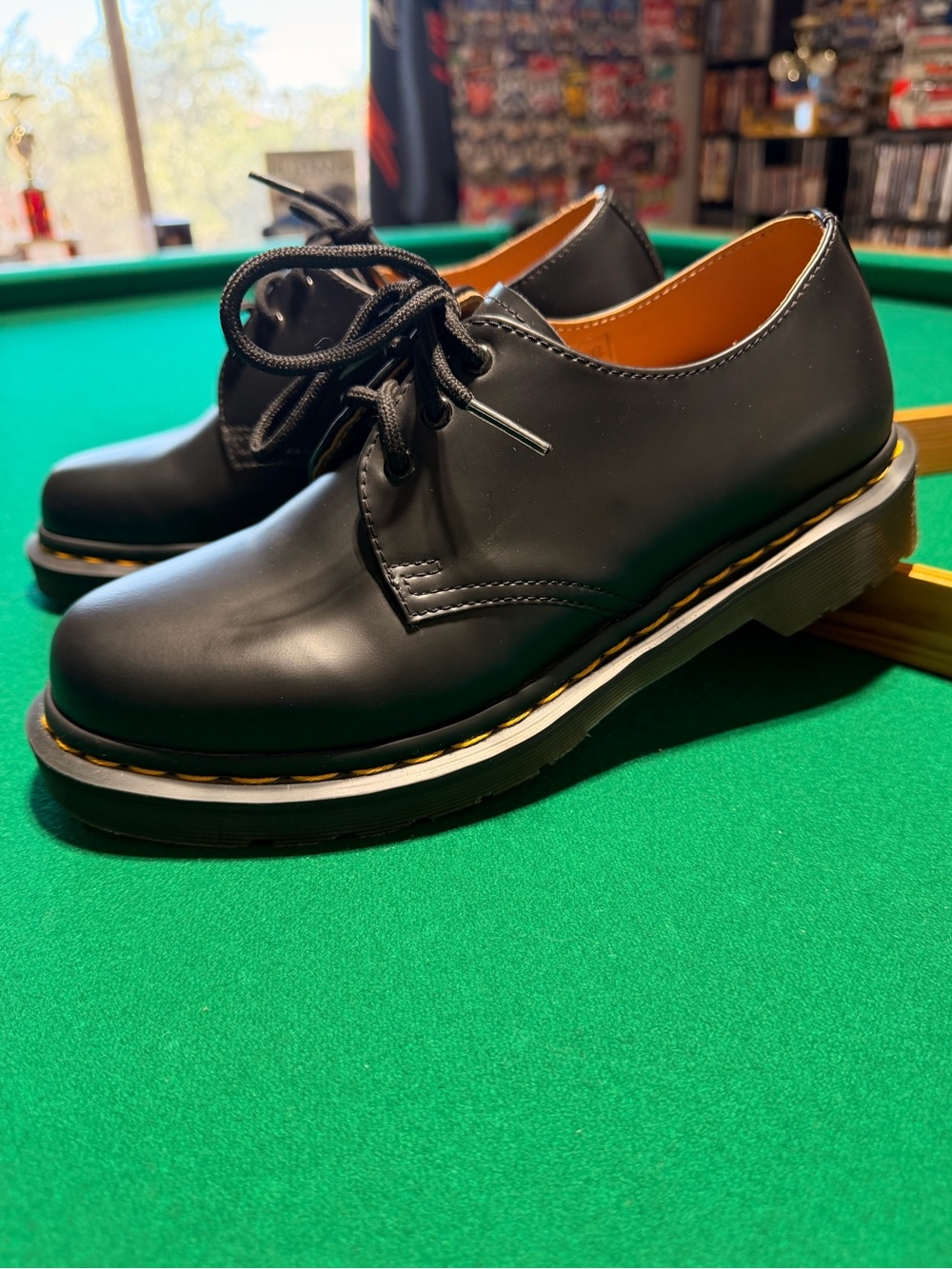 Dr. Martens woman’s Black Leather 3-Eye Derby with Yellow Stitching